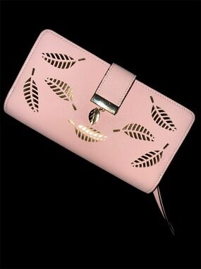 Pink Leaf Cutout Wristlet Wallet with Gold Accents